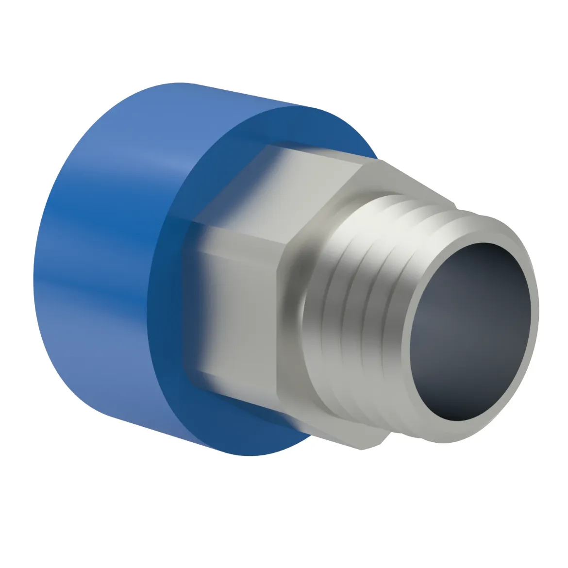 Picture of Adaptor:50X1 1/2in MOP 16bar NPT metal male thread+hexag. injection moulded Socket-welding PE 100 blue